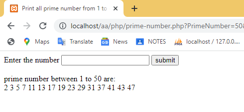 PHP program to print all prime number in a given range